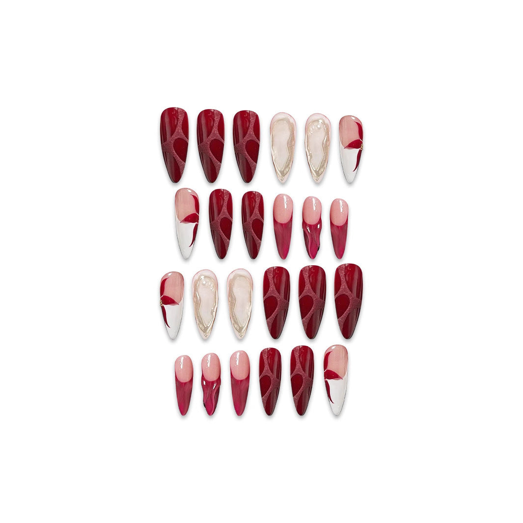 Elegant Enchantment Long Almond Burgundy and Soft Pink Press On Nail Set with Glossy Marble Accents
