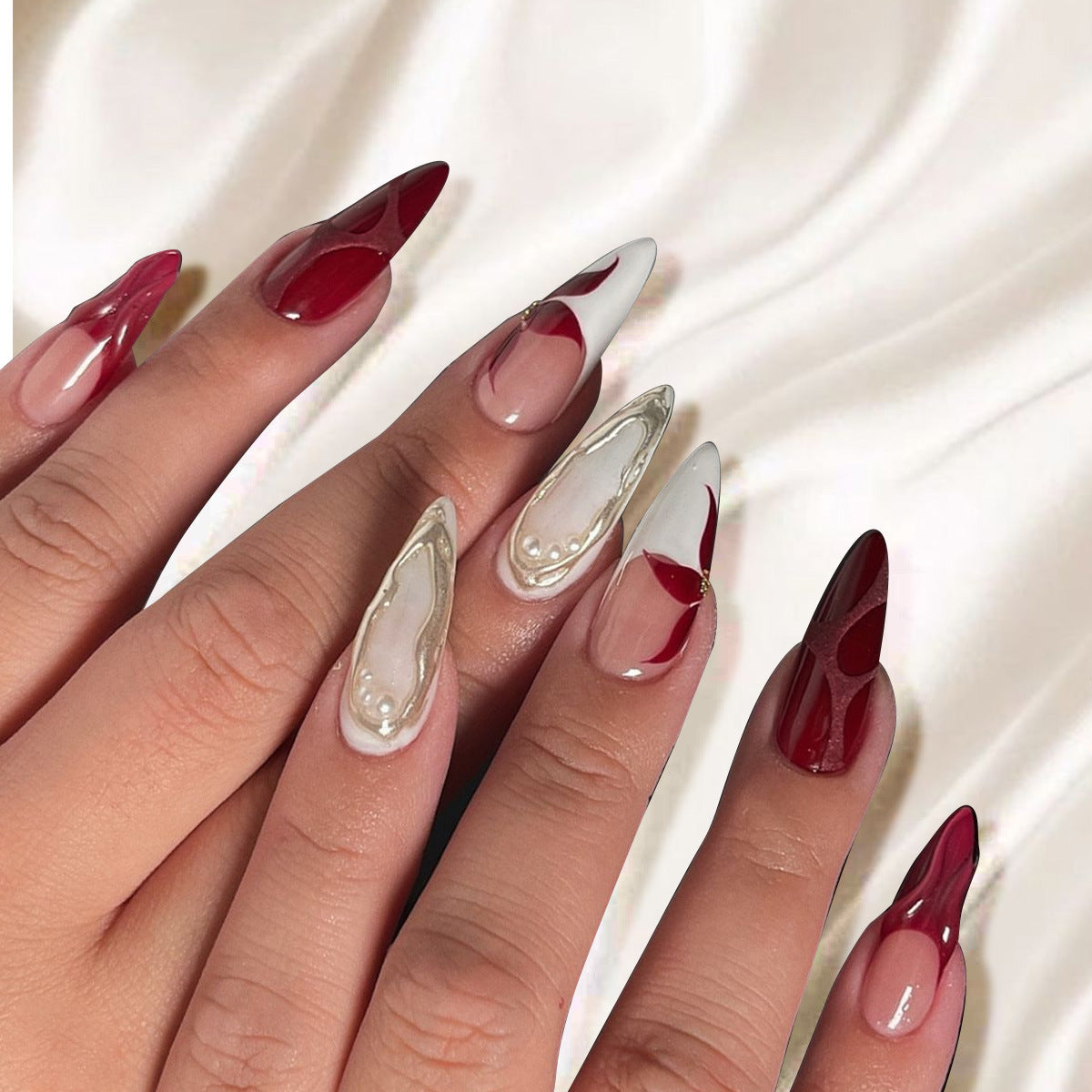 Elegant Romance Long Almond Burgundy and White Press On Nail Set with Unique Pearl Accents