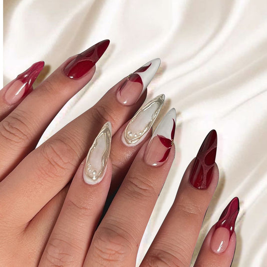 Elegant Romance Long Almond Burgundy and White Press On Nail Set with Unique Pearl Accents