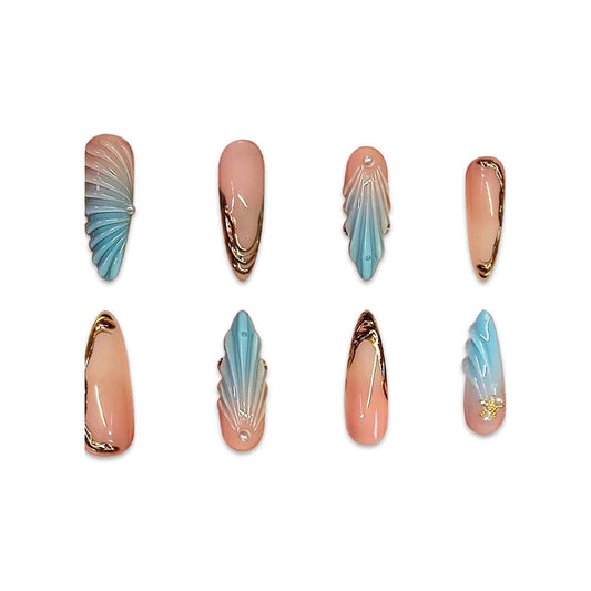 Coastal Elegance Long Almond Gradient Peach and Aqua with Delicate Gold Accents Press On Nail Set