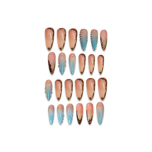 Ocean Breeze Glamour Long Almond Shaped Long Pink and Blue Gradient Press On Nail Set with Gold Accents