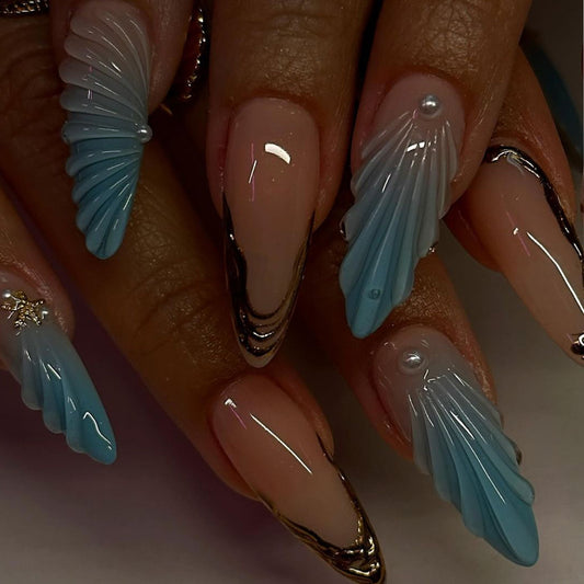 Ocean Breeze Dreamy Long Almond Shaped Ombre Blue and Clear Press on Nail Set with Iridescent Detailing