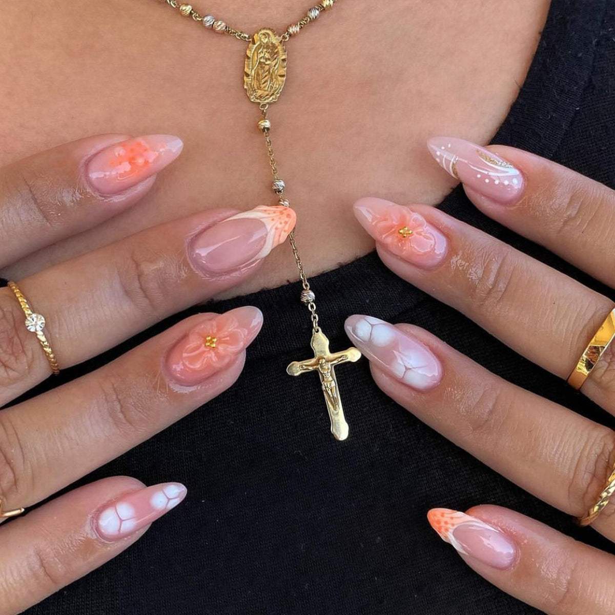 Charming Blossom Elegant Medium Almond Shaped Soft Peach with Floral Accents Press On Nail Set