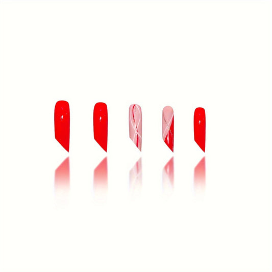 Glamorous Red Elegance Long Square Shaped Glossy Red and Chic Abstract Design Press On Nail Set