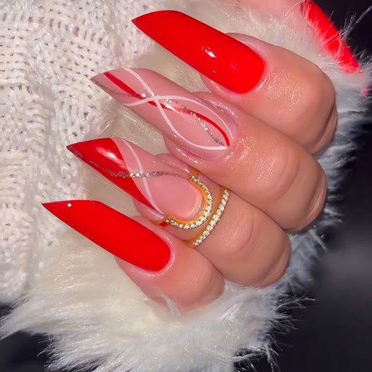 Festive Glamour Long Square Red Nail Set with Unique Glitter Stripes and Elegant Design