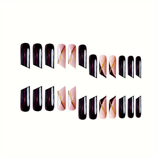 Elegant Evening Glamour Long Square Black and Pink Nails with Gold Accent Design
