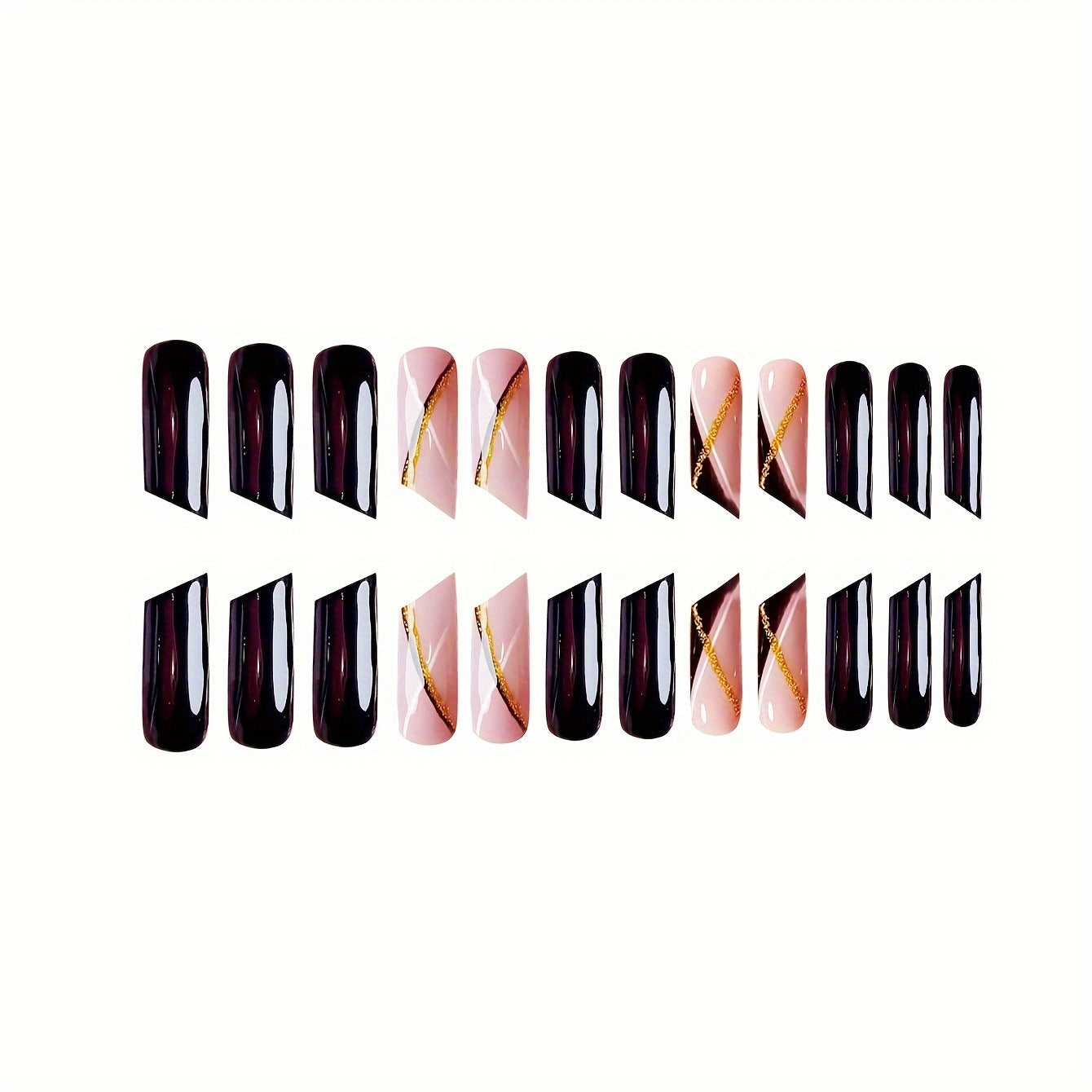 Glamorous Elegance Long Square Glossy Black and Soft Pink with Gold Accent Press On Nail Set