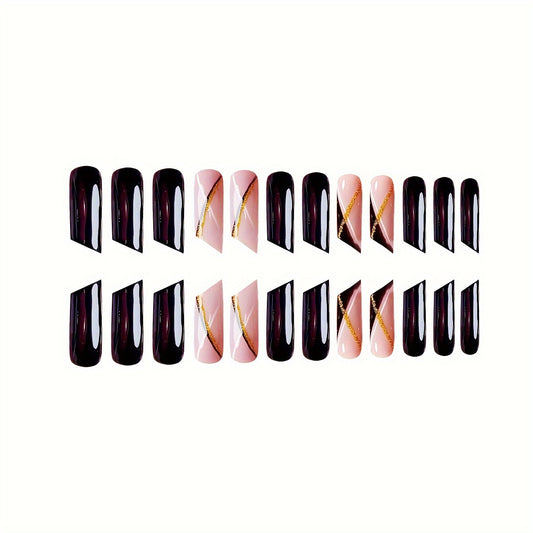Glamorous Elegance Long Square Glossy Black and Soft Pink with Gold Accent Press On Nail Set