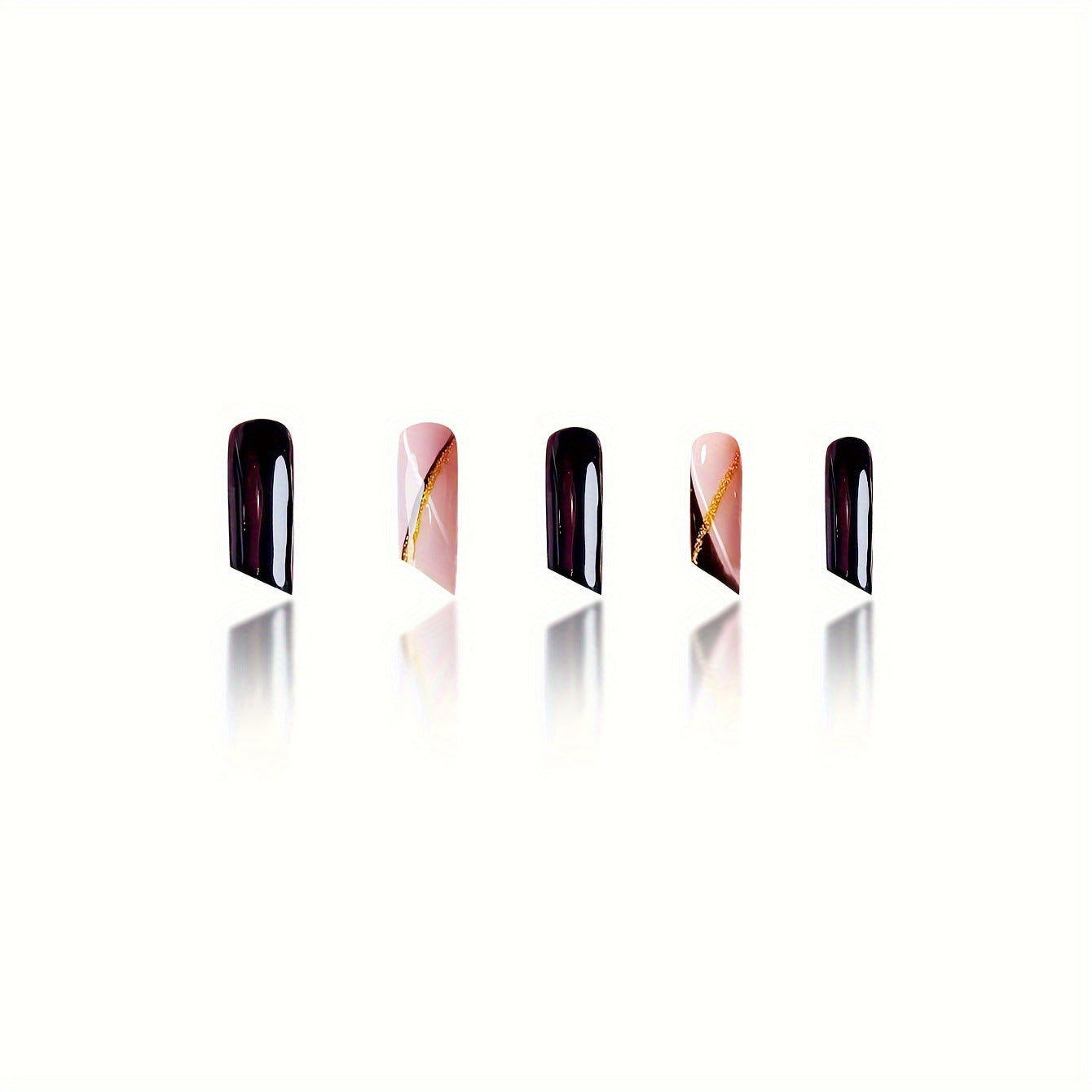 Elegant Charm Long Square Shape Glossy Black and Soft Pink with Luxurious Gold Stripes Press On Nail Set