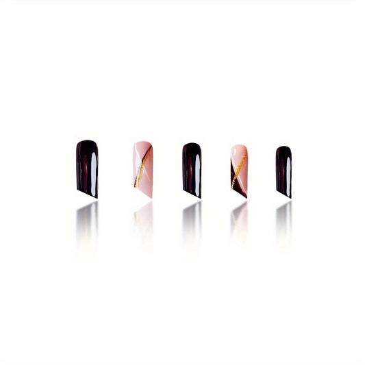 Elegant Charm Long Square Shape Glossy Black and Soft Pink with Luxurious Gold Stripes Press On Nail Set