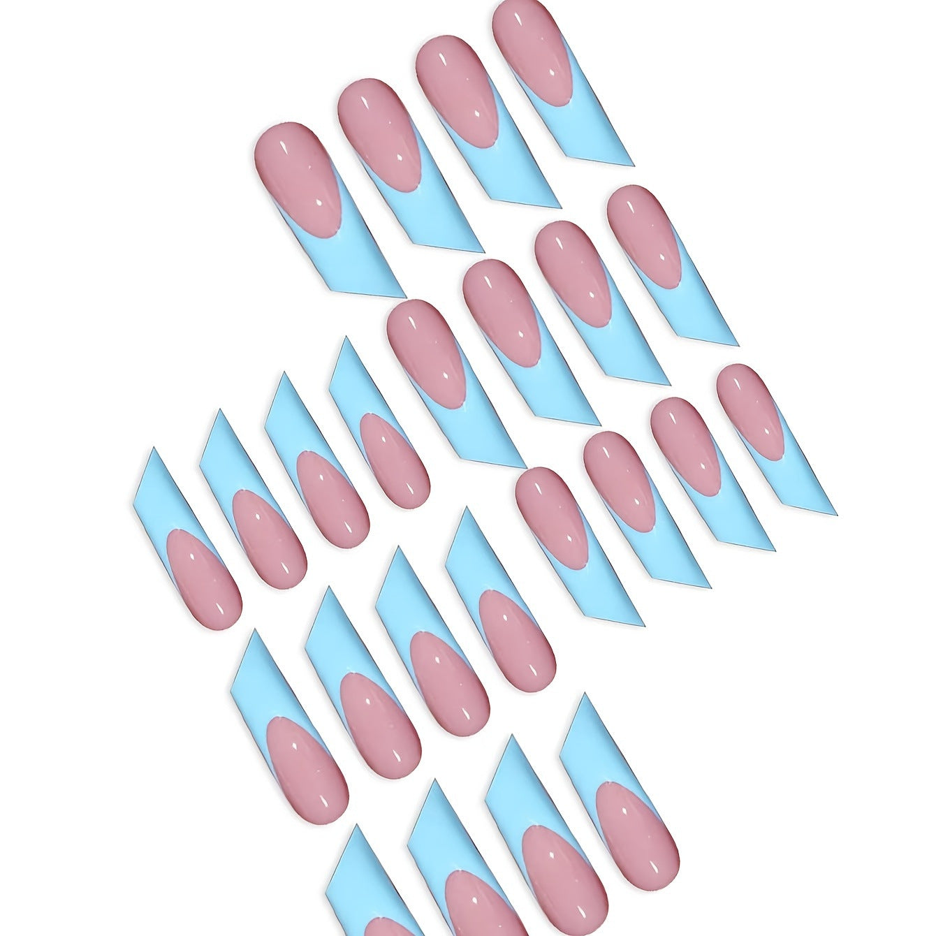 Elegant Ocean Breeze Extra Long Square Shaped Pink and Blue Dual Tone Press On Nail Set with Glossy Finish