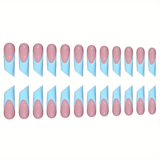 Whimsical Ocean Breeze Long Square Pink and Blue Press On Nail Set with Artistic Edge Design