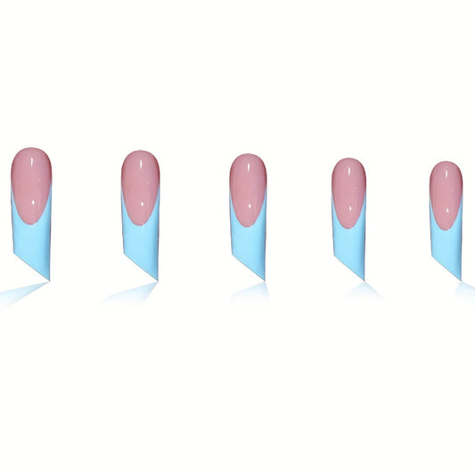 Whimsical Ocean Breeze Long Square Shape Pastel Pink with Glossy Finish Press On Nail Set