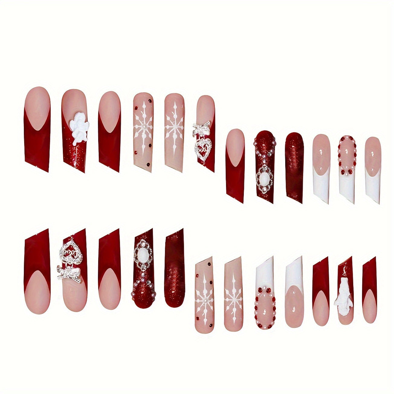 Festive Elegance Long Square Deep Red with Glitter and Holiday Charm Press-On Nail Set