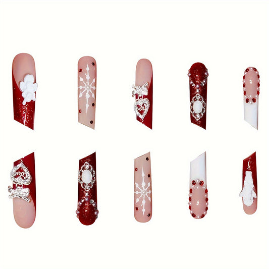 Festive Elegance Long Square Red and Glittery Christmas Themed Press On Nail Set with Intricate Winter Decorations