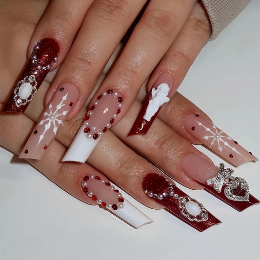 Winter Wonderland Elegant Red Bold Long Square Nails with Sparkling Gem Accents