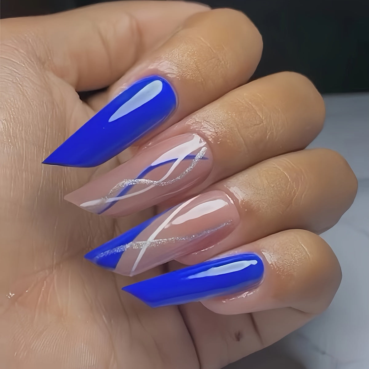 Vibrant Ocean Dream Long Square Blue Press on Nail Set with Elegant Silver Accent Design