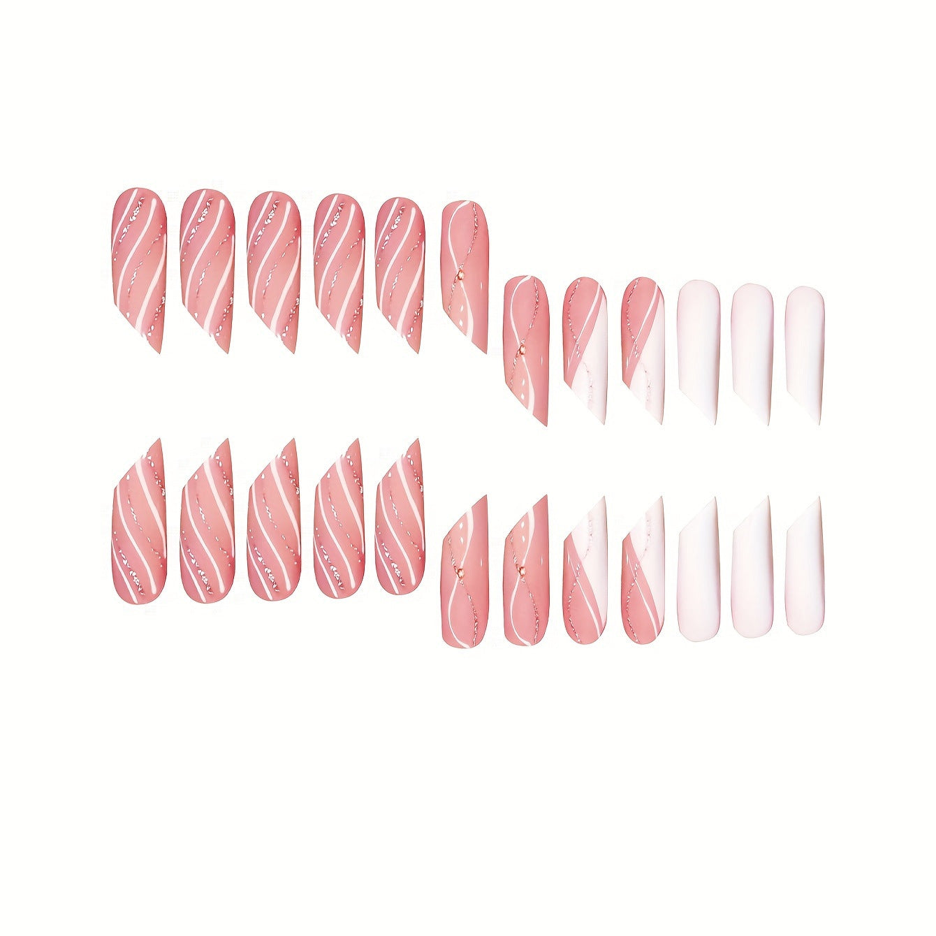 Blush Cascade Long Square Shape Dual Tone Pink and White Press On Nail Set with Glittering Swirl Accents