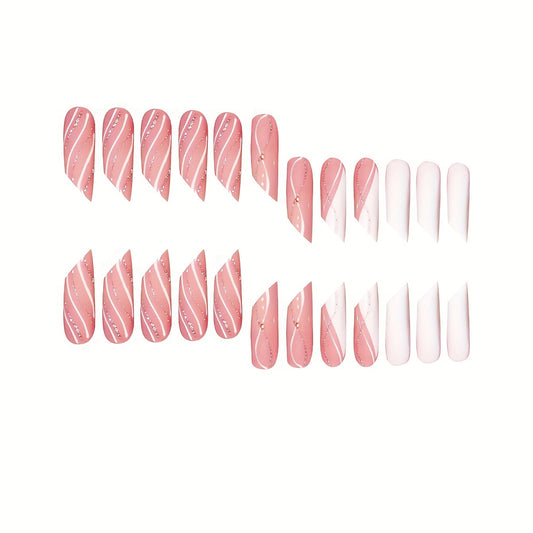 Blush Cascade Long Square Shape Dual Tone Pink and White Press On Nail Set with Glittering Swirl Accents
