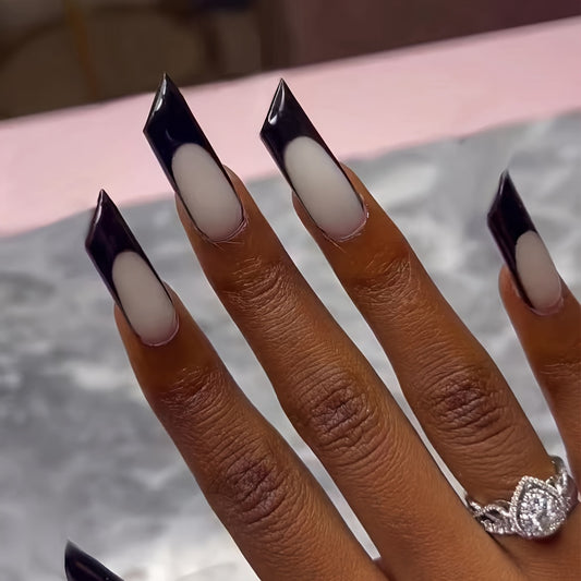 Gothic Elegance Long Square Black and White Pointed Press on Nail Set with Unique Transparent Design