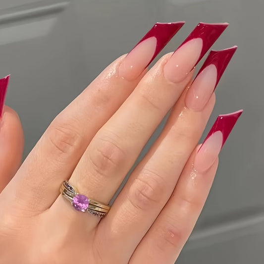 Glamorous Evening Vibes Long Square Red Ombre Press On Nails with Unique Transparent Tip Design