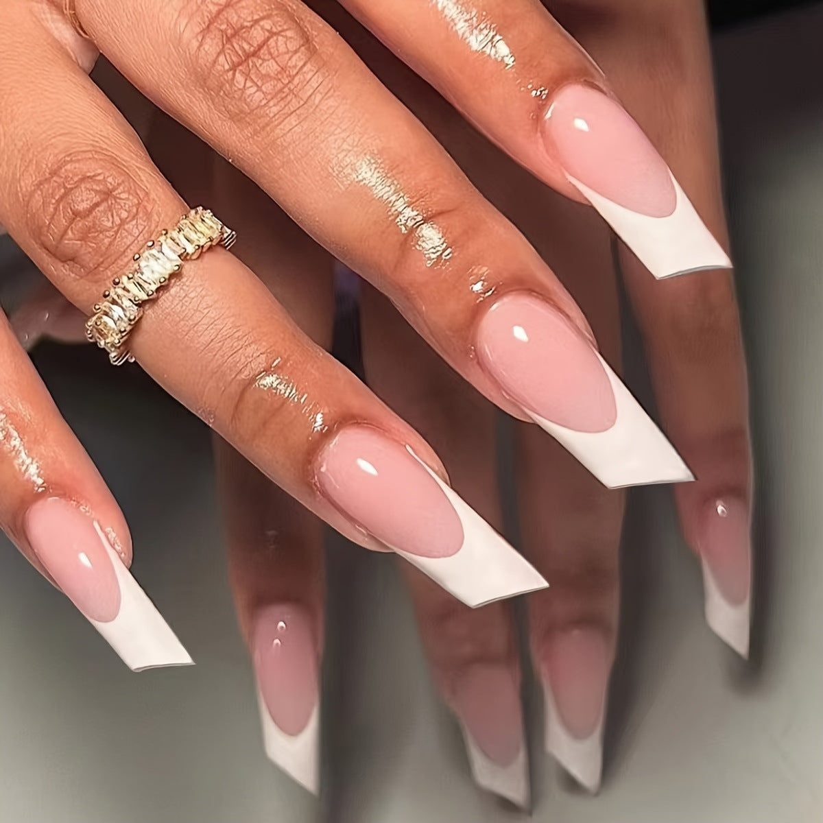 Elegant Chic Press-On Nail Set Long Square Pink and White Ombre Design with Glossy Finish
