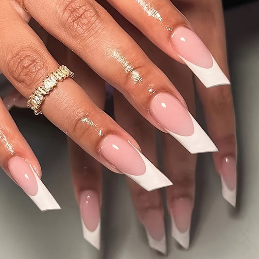 Elegant Chic Press-On Nail Set Long Square Pink and White Ombre Design with Glossy Finish