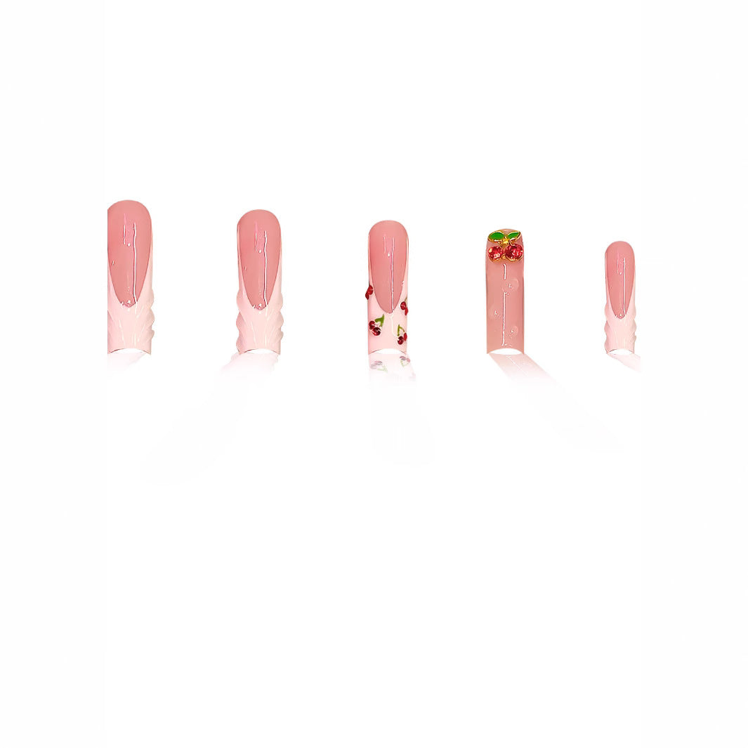 Cherry Blossom Dreamy Long Square Pink Press-On Nail Set with Floral Accents
