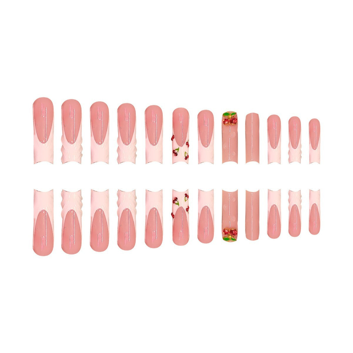 Charming Blossom Long Square Pink Nail Set with Unique Floral Accent