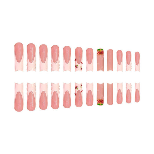 Charming Blossom Long Square Pink Nail Set with Unique Floral Accent