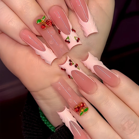 Festive Elegance Long Square Pink Nails with Unique Holly and Berry Details