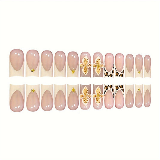Glamorous Safari Inspired Medium Square Pink Press On Nail Set with Beautiful Gold Accents and Unique Leopard Design