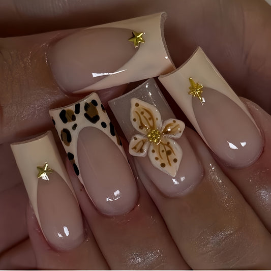 Savannah Chic Medium Square Beige Nails with Floral and Star Accents