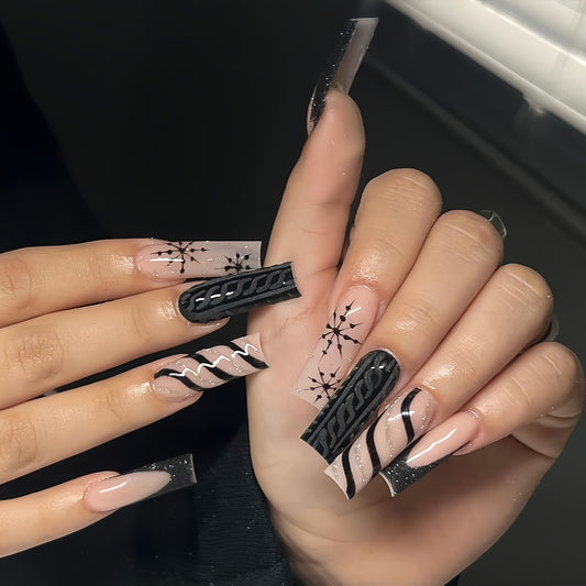 Gothic Elegance Long Square Black and Beige Press On Nail Set with Intricate Design Details
