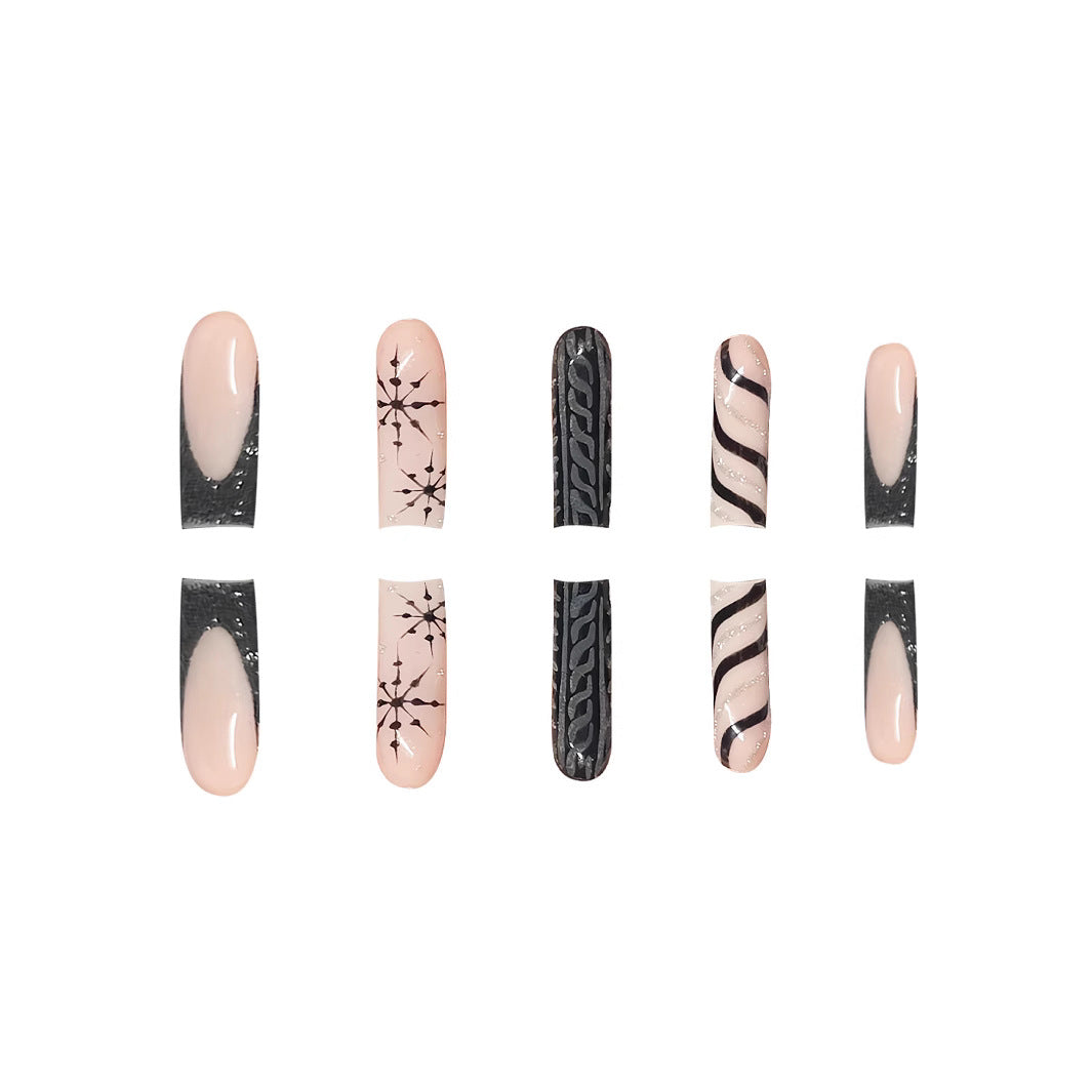 Gothic Elegance Long Square Blush and Midnight Black Mix with Intricate Patterns Nail Set