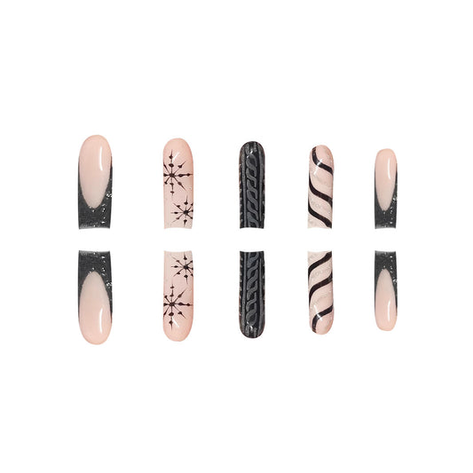 Gothic Elegance Long Square Blush and Midnight Black Mix with Intricate Patterns Nail Set