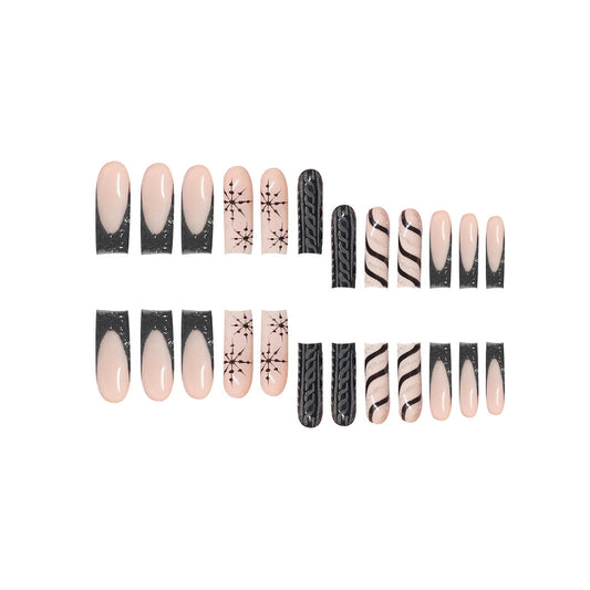 Glamorous Winter Wonderland Long Square Blush Pink and Charcoal Press-On Nail Set with Unique Geometric and Floral Designs