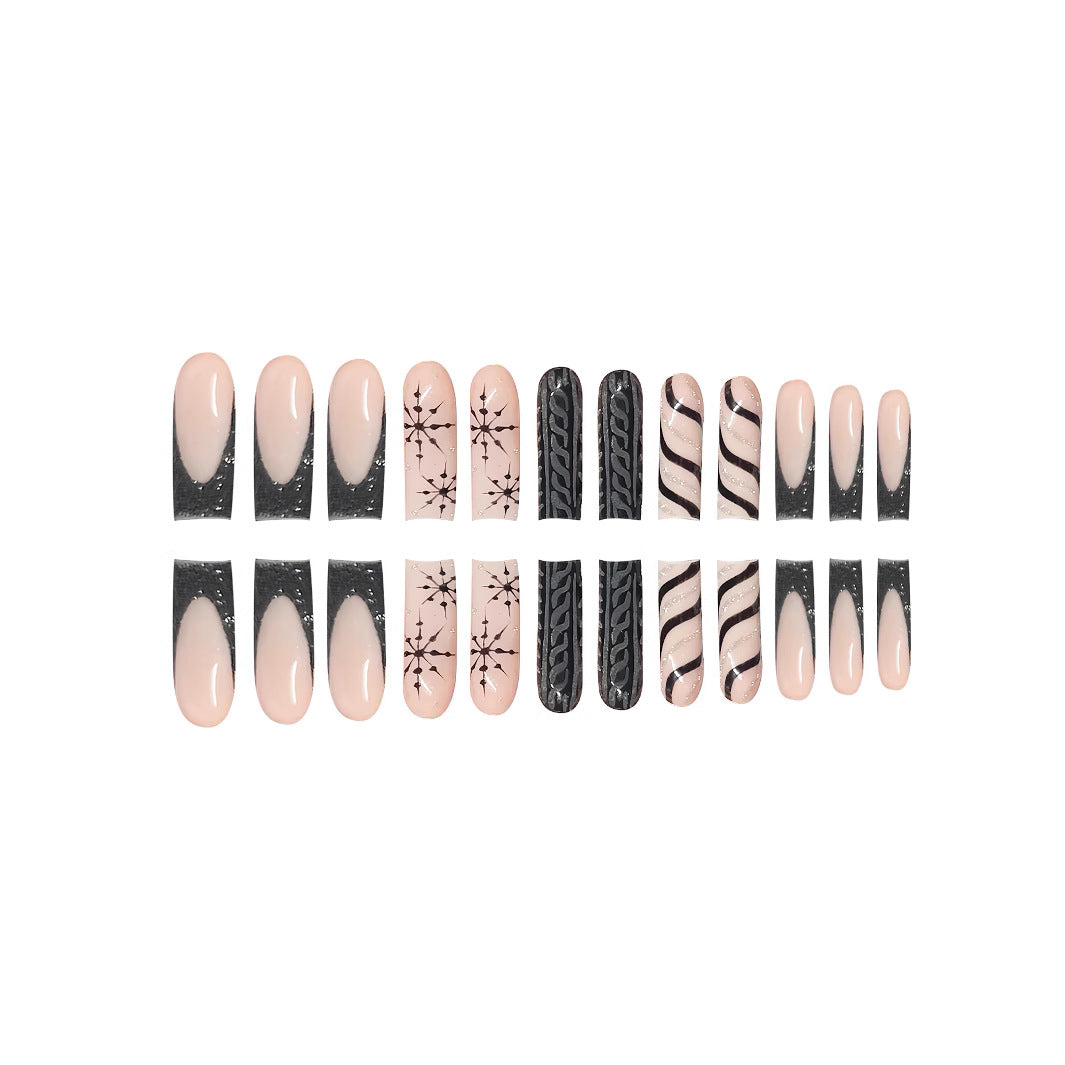 Chic Elegance Long Square Blush and Black Press On Nail Set with Unique Artistic Designs