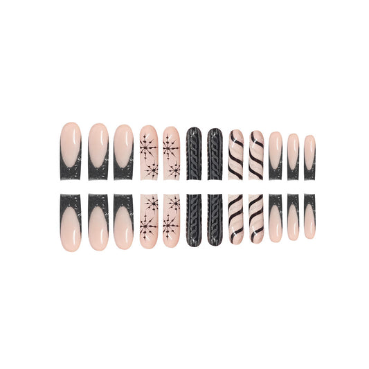 Chic Elegance Long Square Blush and Black Press On Nail Set with Unique Artistic Designs