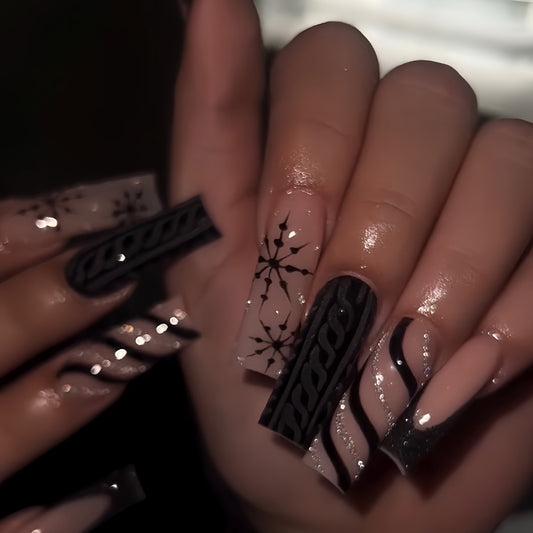 Chic Noir Elegance Long Square Black and Beige Press On Nail Set with Intricate Pattern Designs