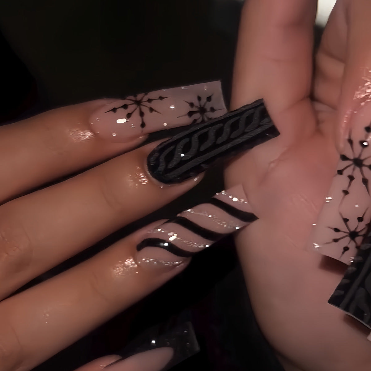 Elegant Winter Wonderland Extra Long Square Beige Press On Nail Set with Artistic Black Designs
