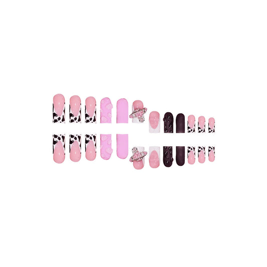 Chic Cowgirl Pink Medium Square Press On Nail Set with Unique Gem Accent and Trendy Cow Print Design