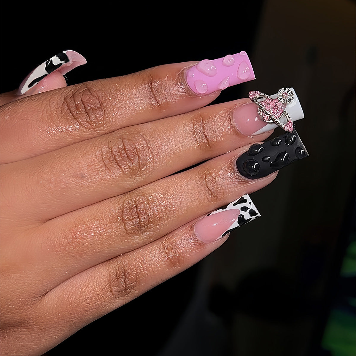 Trendy Cowgirl Inspired Medium Square Pink Black and White Press On Nail Set with Unique Textured Design