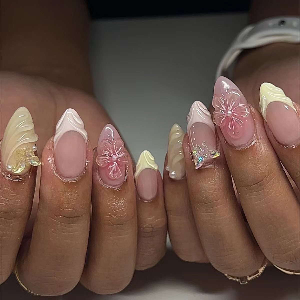 Floral Fantasy Short Almond Shaped Soft Pink and Cream Press On Nail Set with Stunning Floral Embellishments