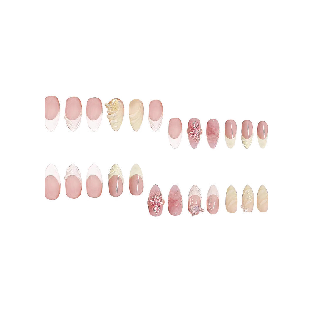 Chic Serenity Short Almond Shape Soft Pink with Unique Floral Accents Press On Nail Set