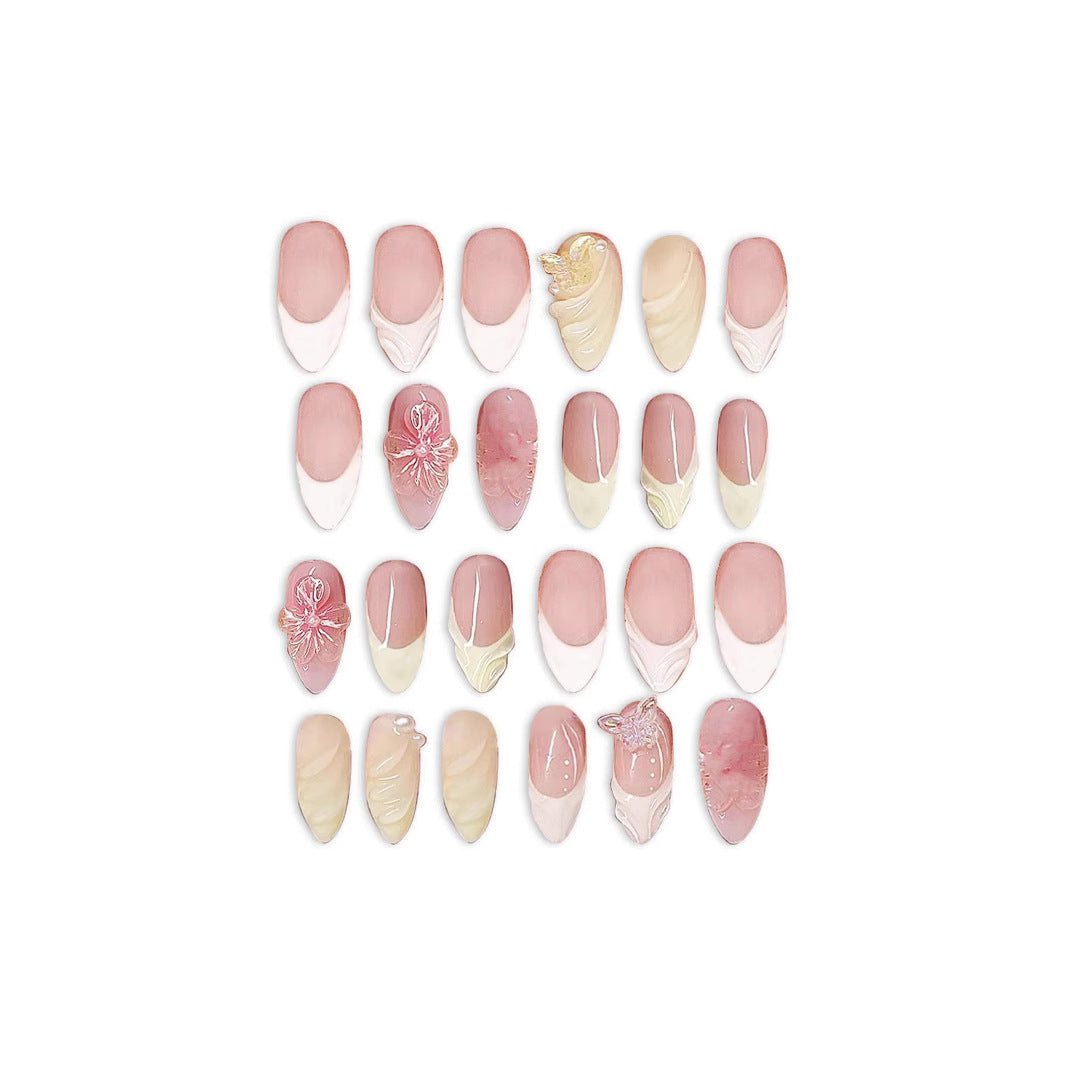 Whimsical Elegance Short Almond Pink and Ivory Press on Nail Set with Intricate Floral Designs