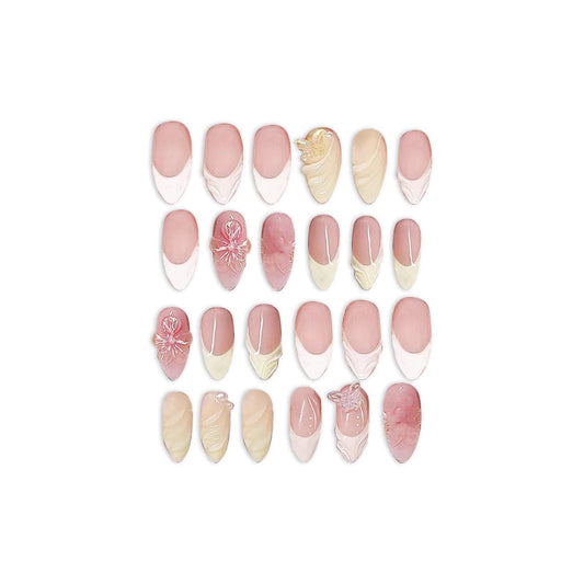 Whimsical Elegance Short Almond Pink and Ivory Press on Nail Set with Intricate Floral Designs
