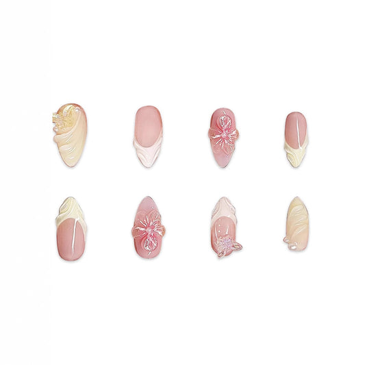 Dreamy Blossom Collection Elegant Short Almond Rose Pink with Floral Embellishments Press On Nail Set