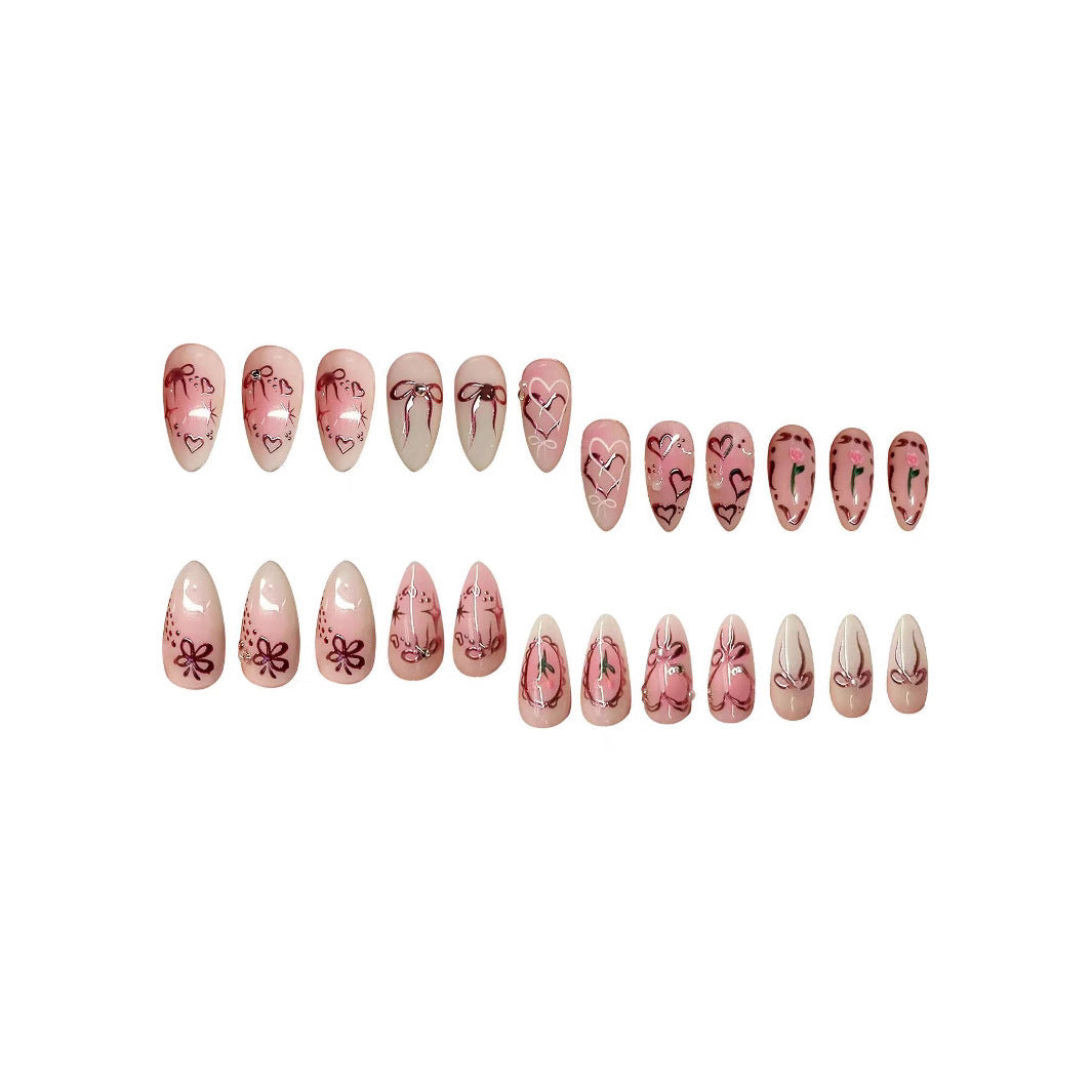 Romantic Blossom Short Almond Pink Floral Nail Set with Artistic Designs