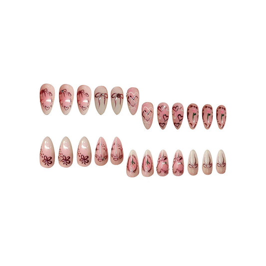 Romantic Blossom Short Almond Pink Floral Nail Set with Artistic Designs